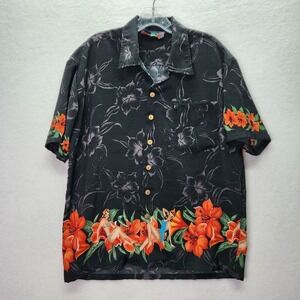 Roundy Bay Hawaiian Lady Shirt Mens M Black Vintage Tropical Floral Button Aloha